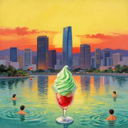 the skyline of kaohsiung icecream green and red and i love the sound of music on a rainy sunset with people swimming in wine glasses, super realistic and highly detailed painting by japanese comic illustration on yellow background by fernando botero and james jean, dreamy summer vibes, cinematic colors and super wide angle view