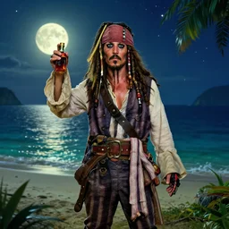 Captain Jack Sparrow is looking all over an island for his rum, the moon is rising on the horizon, stars glistening in the night, hyperdetailed, artstation, cgsociety, 8k