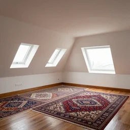 low ceiling attic, white painted ceiling, with 2 rectangular windows opposing each other, with a large square window in the back right corner of the room, with exquisite turkish and persian rugs, polished plywood floor, XF IQ4, 150MP, 50mm, F1.4, ISO 200, 1/160s, natural light