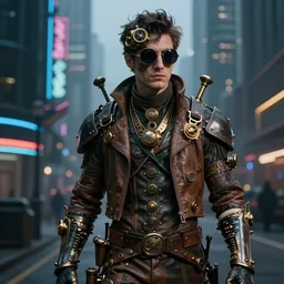 a beautiful portrait of steampunk man in a cyberpunk city
