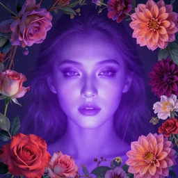 closeup portrait of an ethereal person made of purple light, divine, cyberspace, mysterious, surrounded by flowers, roses, dahlias, color screenprint