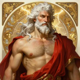 painted portrait of rugged zeus, god of thunder, greek god, white hair, masculine, mature, handsome, upper body, seductive, red and gold, muscular, hairy torso, fantasy, intricate, elegant, highly detailed, digital painting, artstation, concept art, smooth, sharp focus, illustration, art by gaston bussiere and alphonse mucha