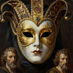 hyper realistic painting of evil face venetian mask, gold ornaments, flowing fabric, intrincate detail, detailed faces by wayne barlowe, gustav moreau, goward, gaston bussiere and roberto ferri, santiago caruso, and austin osman spare, ( ( ( ( occult art ) ) ) ) bouguereau, alphonse mucha, saturno butto,