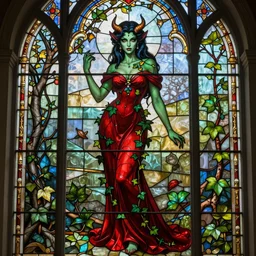 a stunningly detailed full body stained glass window of a beautiful demon dressed as poison ivy with green skin wearing a long floor length red dress, dark eyeliner, intricate, elegant, highly detailed, digital painting, artstation, concept art, sharp focus, illustration, art by greg rutkowski and alphonse mucha