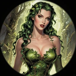 hyper detailed comic illustration of a Elfpunk Poison Ivy ,tall, fair skin, curvaceous, gorgeous face, by artgerm, intricate details, low angle fish eye lens