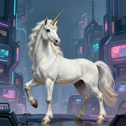 unicorn in a futuristic cyberpunk town. By William Adolphe Bouguereau, highly detailed