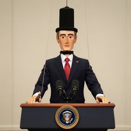 one president puppeteer that looks like a marionette in a podium giving a press conference