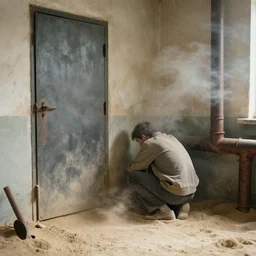 a man is huddled in the corner of a sandy room, a heavy metal door and rusty pipes, sand and smoke are falling, blurred, faded, depth of field, sunny, ultra realistic, very detailed, by gerhard richter, neo rauch and nadav kander, 8 k hyper realistic detailed cinematic still