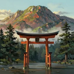 Japanese Torii in a colorful moutain with trees ,morning , by studio ghibli painting, by Grzegorz Rutkowski, concept art