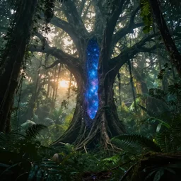 horrific, shining portal to the stars, embedded in a terrifying tree in a densely overgrown jungle, fantasy, dreamlike sunraise, ultra realistic, atmospheric, stopped in time, epic