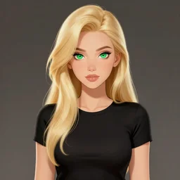 long shot of blonde girl in black top clothing with green eyes, digital art, trending on artstation