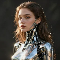beautiful young cybernetic woman, body metal skin complicated robotics, half human, half robotic, cyborg, art by paolo roversi