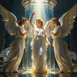angels on worshiping a light, shining lights, god rays, glass structures by by Karol Bak, Ayami Kojima, Amano and Olivier Ledroit
