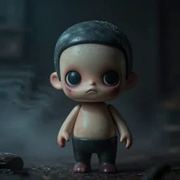 weird toy close up, dark room, creepy and eerie athmosphere, mist, photorealistic, hd,