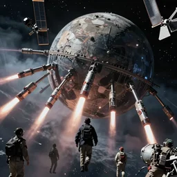Survivors flee a collapsing Dyson Sphere in torchships as orbital bombardment commences, footage recovered from a military satellite, 8k, 2166