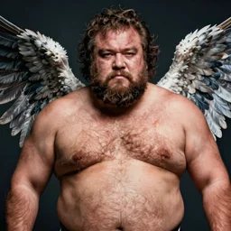 portrait of a fat hairy wrestler with wings, mamiya, f 1. 7, in the style of nobuyoshi araki