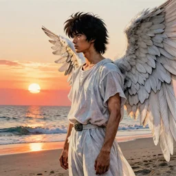 portrait, An angel on the beach watching the sun set, watercolor, dramatic lighting, cinematic, establishing shot, extremely high detail, foto realistic, cinematic lighting, pen and ink, intricate line drawings, by Yoshitaka Amano, Ruan Jia, Kentaro Miura, Artgerm, post processed, concept art, artstation, matte painting, style by eddie mendoza, raphael lacoste, alex ross