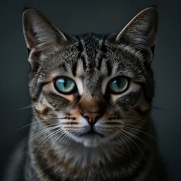 photograph of a mysterious and unsettling cat that knows too many secrets, human eyes, creepy photography