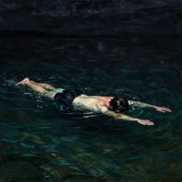 someone swimming in dark waters at night, dark atmosphere. by etam cru, jean - leon gerome. highly detailed oil painting