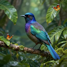 motmot bird in a forest with tropical leaves, butterflies, sparkling water, glistening, hyper realistic, hyper detailed, digital art, trending in artstation, cinematic lighting, studio quality, smooth render, unreal engine 5 rendered, octane rendered, art style by klimt and nixeu and ian sprigger and wlop and krenz cushart