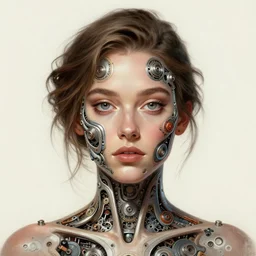 symmetry!! portrait of hailee steinfeld, machine parts embedded into face, intricate, elegant, highly detailed, digital painting, artstation, concept art, smooth, sharp focus, illustration, art by artgerm and greg rutkowski and alphonse mucha, 8 k