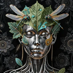 dark scene, ultra detailed, of a metal android face made of big leaves and large Dragonflies, stems, roots, fine foliage lace, turquoise gold details, high fashion haute couture, art nouveau fashion embroidered,  intricate details, mesh wire, mandelbrot fractal, anatomical, facial muscles, cable wires, elegant, hyper realistic, dark flower pattern wallpaper, ultra detailed