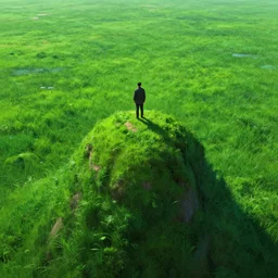 a man standing on top of a lush green field, a detailed matte painting by victor nizovtsev, cgsociety, fantasy art, reimagined by industrial light and magic, concept art, psychedelic