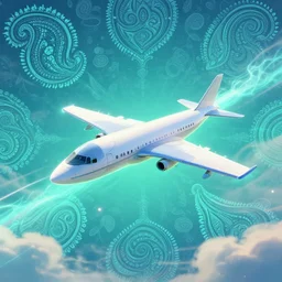 futuristic plane ✈ flying through an electric paisley sky, [ lush glowing color palate ] fantasy landscape, radiant light rays, symmetrical details, sharp focus, photorealistic painting, award winning painting, volumetric lighting, artstation