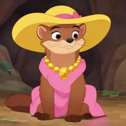 female marten character : wearing jewelry and pink dress and yellow hat : head torso legs feet : lorax movie : deviantart : cel shading