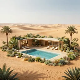 architectural rendering of habitat 6 7 in the desert, biophilia mood, pool, garden