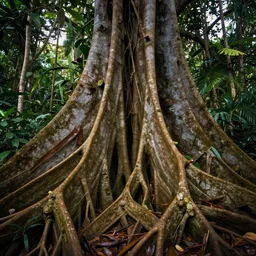 giant roots closeup of a beautiful tree in the jungle, beautiful colors, matte painting, by christophe vacher