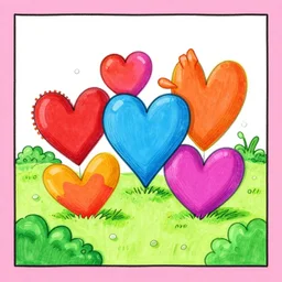 solid - bordered - artwork. vibrant hearts in surreal form in a landscape. doodles in marker on top of a masterwork landscape painting.