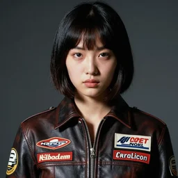 portrait photo in chiaroscuro style, 1 9 7 0 s, frontiers in flight leather suit, made of sewn together motor racing logos, cosplay fashion, roger deakins, ektachrome, 3 5 mm, beautiful three point perspective, extreme closeup 3 / 4, highly detailed : incredibly realistic, youthful asian demure, perfect features, feminine cut,