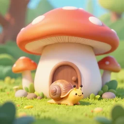 a little happy snail standing outside a cute mushroom house in the forest, sun light, macro photo, pastel colors, colorful, sidefx houdini vfx mantra render
