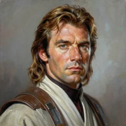 ultra realistic head and shoulders portrait painting of tom selleck as cal kestis in star wars jedi fallen order, art by frank frazetta, 4 k, ultra realistic, highly detailed, epic lighting