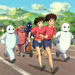 people and robots run a marathon, studio ghibli artgerm greg rutkowski makoto shinkai, artstation