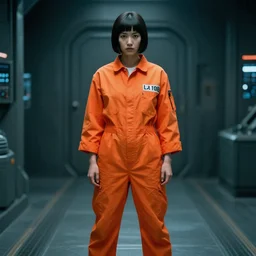 major motoko wearing an orange prison jumpsuit facing camera, photography by fred palacio medium full shot still from bladerunner 2 0 4 9, sci fi, bladerunner, canon eos r 3, f / 3, iso 2 0 0, 1 / 1 6 0 s, 8 k, raw, unedited