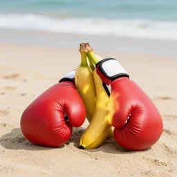 a photo of a banana with boxing gloves on the beach