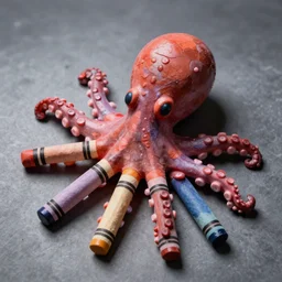 octopus made of crayons, 8 k macro photo with dark lighting