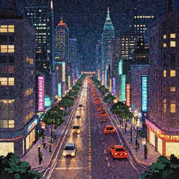 street city night,fantastic lighting, pixel art, high detail , 16 bits, 2d