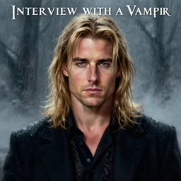 alternate cover art for the movie interview with a vampire starring a long haired blonde tom cruise as lestat de lioncourt portrait, face centered portrait, confident, unused design, nightmare world, fog, rain, volumetric lighting, realistic illustration, perfectly shaded, soft painting, art by krenz cushart and wenjun lin