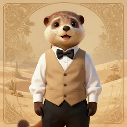 Character portrait of a happy furry anthro stoat wearing a white shirt, tan vest, bowtie, and black slacks in the desert wilderness, intricate, elegant, highly detailed, digital painting, artstation, concept art, smooth, sharp focus, illustration, art by Krenz Cushart and Artem Demura and alphonse mucha