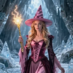 Gillian Anderson wearing a dark pink witches outfit holding a glowing golden magical wand with electrical bolts emitting from it. In a cave made of ice. Trending on Artstation, octane render, ultra detailed, art by Ross tran