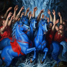blue horses with red riders, too many hands in all directions, too many teeth, too many eyes, in hoc signo vinces, waterfall, in the style of gottfried helnwein, light by caravaggio, part by rodcenko, part by hofbauer, high contrast chiaroscuro, intricate composition, blue light, insanely quality, highly detailed, masterpiece, red light, artstation