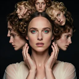 epic masterpiece portrait of priestess played by natalie portman, followed by head with many souls, beautiful face and flawless skin, perfect hands, emeralds by Edgar Maxence and Ross Tran and Michael Whelan