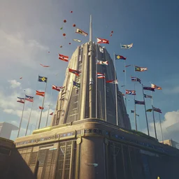 a picture of a building with a lot of flags flying in the air, a detailed matte painting by richard wright, trending on cgsociety, afrofuturism, concept art, matte painting, playstation 5 screenshot
