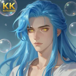 ilya kuvshinov with long sky blue hair, gold eyes, boyish face, professional digital painting, concept art, ultra sharp, 8 k, cinematic, wlop, bubbles, tendrils in the background, art by greg rutkowski, pixiv art, art nouveau, yoshitaka amano
