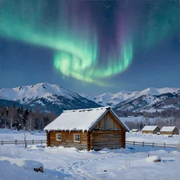an oil painting of a small log cabin in a snow covered, mountainous landscape below a night sky displaying the northern lights, mountains in the background, trending on artstation