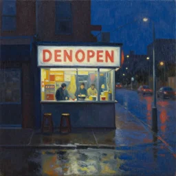 last open ramen place in a street at night, melancholic, rainy night, in the style of australian tonalism, oil on canvas