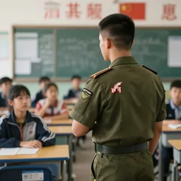 A guy in Military Uniform visiting a school, realistic, detailed, 4k, HDR